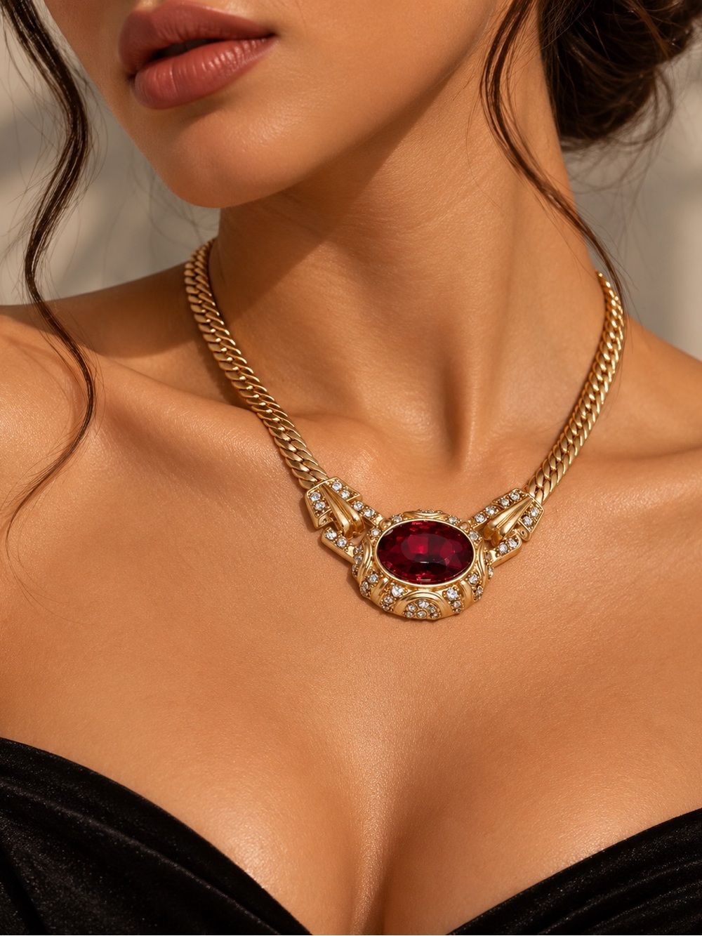 Gold Statement Necklace with Red Gem Center